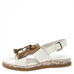Salvatore Ferragamo Two Tone Leather Fringe Detail Bow Flat Sandals Size 42