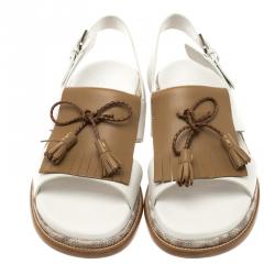 Salvatore Ferragamo Two Tone Leather Fringe Detail Bow Flat Sandals Size 42