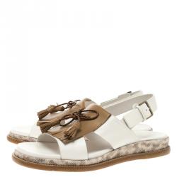 Salvatore Ferragamo Two Tone Leather Fringe Detail Bow Flat Sandals Size 42