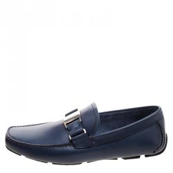 Pre Owned Salvatore Ferragamo Blue Leather Sardegna Loafers Size 43.5