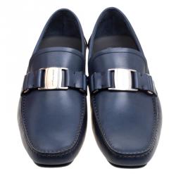 Pre Owned Salvatore Ferragamo Blue Leather Sardegna Loafers Size 43.5