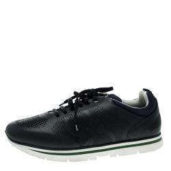 Pre Owned Salvatore Ferragamo Navy Blue Perforated Leather Mustang Sneakers Size 44.5