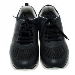 Pre Owned Salvatore Ferragamo Navy Blue Perforated Leather Mustang Sneakers Size 44.5