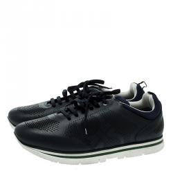 Pre Owned Salvatore Ferragamo Navy Blue Perforated Leather Mustang Sneakers Size 44.5
