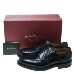 Pre Owned Salvatore Ferragamo Navy Blue Brogue Leather Gabriele Derby Size 42.5