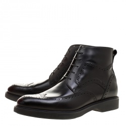 Salvatore Ferragamo Black Brogue Leather Gaiano Wing Tip Ankle Boots Size 43.5