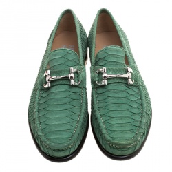 مملوكة مسبقًا حذاء لوفرز سالفاتوري فيراغامو ماسون جلد ثعبان أخضر مقاس 41