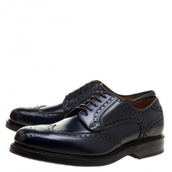 Pre Owned Salvatore Ferragamo Navy Blue Brogue Leather Gabriele Derby Size 42.5