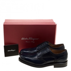 Pre Owned Salvatore Ferragamo Navy Blue Brogue Leather Gabriele Derby Size 42.5