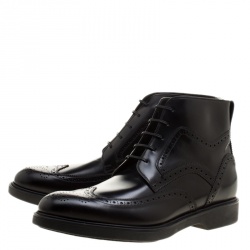 Salvatore Ferragamo Black Brogue Leather Gaiano Wing Tip Ankle Boots Size 45