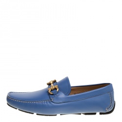 Pre Owned Salvatore Ferragamo Blue Leather Parigi Gancini Driver Loafers Size 44