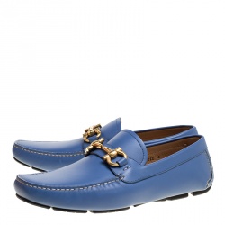 Pre Owned Salvatore Ferragamo Blue Leather Parigi Gancini Driver Loafers Size 44