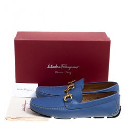 Pre Owned Salvatore Ferragamo Blue Leather Parigi Gancini Driver Loafers Size 44