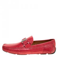 Pre Owned Salvatore Ferragamo Coral Red Lizard Sardegna Loafers Size 44