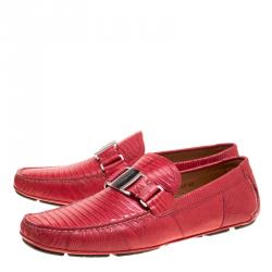 Pre Owned Salvatore Ferragamo Coral Red Lizard Sardegna Loafers Size 44