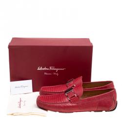 Pre Owned Salvatore Ferragamo Coral Red Lizard Sardegna Loafers Size 44