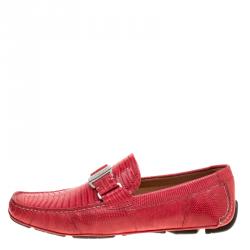 Pre Owned Salvatore Ferragamo Coral Red Lizard Sardegna Loafers Size 42