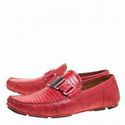 Pre Owned Salvatore Ferragamo Coral Red Lizard Sardegna Loafers Size 42