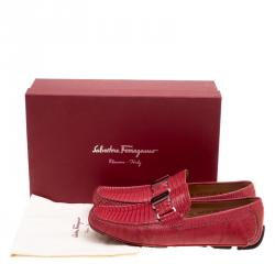 Pre Owned Salvatore Ferragamo Coral Red Lizard Sardegna Loafers Size 42