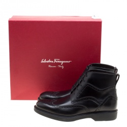 Salvatore Ferragamo Black Brogue Leather Gaiano Wing Tip Ankle Boots Size 42.5