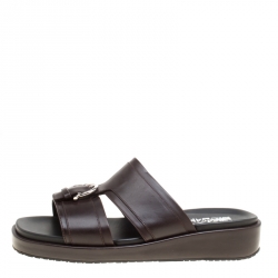 Pre Owned Salvatore Ferragamo Brown Leather Lutfi Slides Size 44