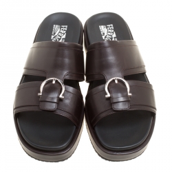 Pre Owned Salvatore Ferragamo Brown Leather Lutfi Slides Size 44