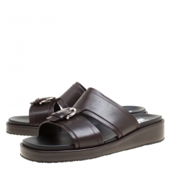 Pre Owned Salvatore Ferragamo Brown Leather Lutfi Slides Size 44