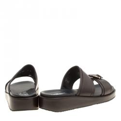 Pre Owned Salvatore Ferragamo Brown Leather Lutfi Slides Size 44