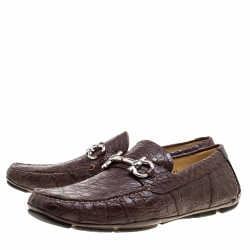 مملوكة مسبقًا Salvatore Ferragamo Brown Crocodile Leather Parigi Bit Loafers Size 45