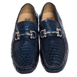 Pre Owned Salvatore Ferragamo Blue Croc Leather Parigi Loafers Size 44
