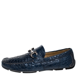 Pre Owned Salvatore Ferragamo Blue Croc Leather Parigi Loafers Size 44
