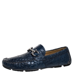 Pre Owned Salvatore Ferragamo Blue Croc Leather Parigi Loafers Size 44