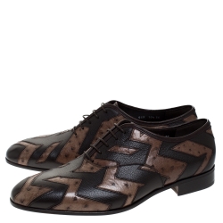 Pre Owned Salvatore Ferragamo Brown Ostrich and Leather Gris Oxfords Size 44.5