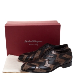 Pre Owned Salvatore Ferragamo Brown Ostrich and Leather Gris Oxfords Size 44.5