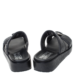 Salvatore Ferragamo Black Ostrich Leather Lutfi Platform Slides Size 40