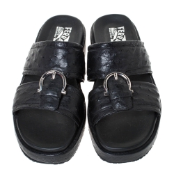 Salvatore Ferragamo Black Ostrich Leather Lutfi Platform Slides Size 40