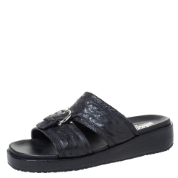 Salvatore Ferragamo Black Ostrich Leather Lutfi Platform Slides Size 40