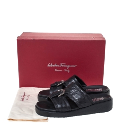 Salvatore Ferragamo Black Ostrich Leather Lutfi Platform Slides Size 40