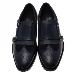 مملوكة مسبقًا Salvatore Ferragamo Navy Blue Leather Marlin Brogue Fringe Monk Strap Derby Size 44