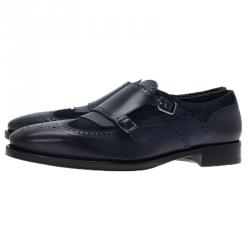 مملوكة مسبقًا Salvatore Ferragamo Navy Blue Leather Marlin Brogue Fringe Monk Strap Derby Size 44