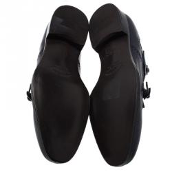 مملوكة مسبقًا Salvatore Ferragamo Navy Blue Leather Marlin Brogue Fringe Monk Strap Derby Size 44