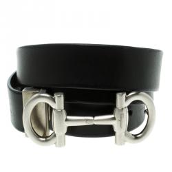 Pre Owned Salvatore Ferragamo Black Leather Double Gancini Parigi Buckle Belt 90cm