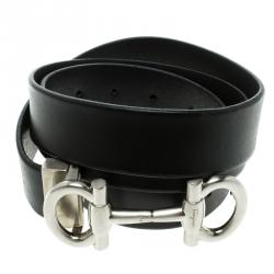 Pre Owned Salvatore Ferragamo Black Leather Double Gancini Parigi Buckle Belt 90cm