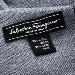Pre Owned Salvatore Ferragamo Grey Striped Wool and Silk Fringed Edge Muffler