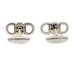 Pre Owned Salvatore Ferragamo Blue Crystal Silver Tone Double Gancio Bar Cufflinks
