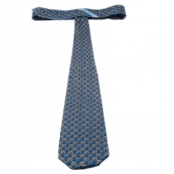 Pre Owned Salvatore Ferragamo Blue 2000 Print Traditional Silk Tie