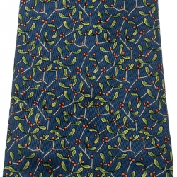 Pre Owned Salvatore Ferragamo Blue and Green Leaf Print Silk Tie