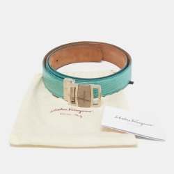 Pre Owned Salvatore Ferragamo Aqua Green Lizard Buckle Belt 105CM