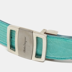 Pre Owned Salvatore Ferragamo Aqua Green Lizard Buckle Belt 105CM