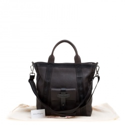 Salvatore Ferragamo Dark Brown Pebbled Leather Top Handle Bag